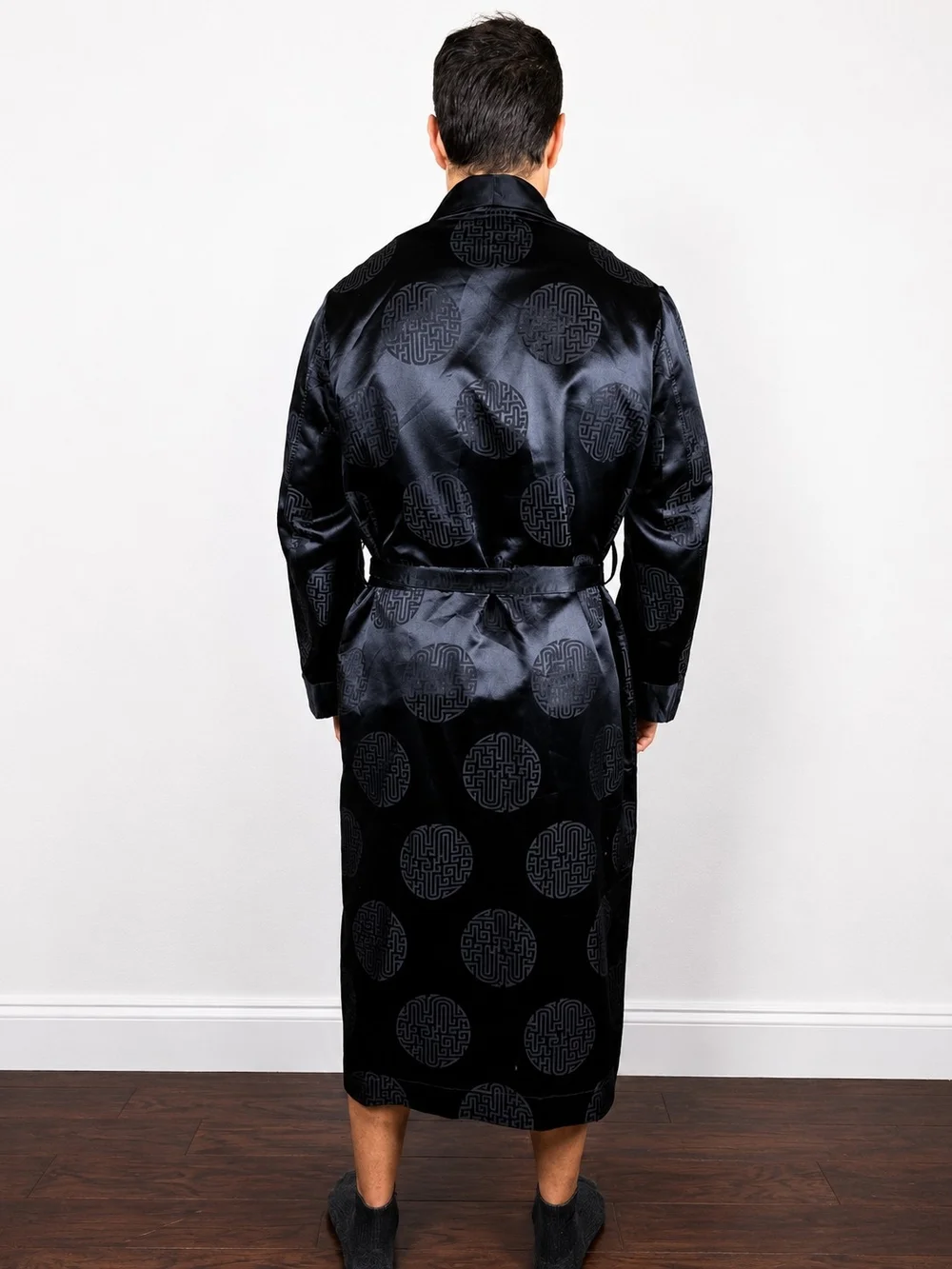 Rare Vintage 1950's Mark Cross Black Silk Jacquard Smoking Robe Hong Kong Luxe L